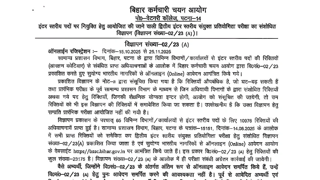 Bihar BSSC Inter Level Recruitment