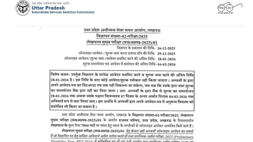UPSSSC Lekhpal Recruitment Apply Now