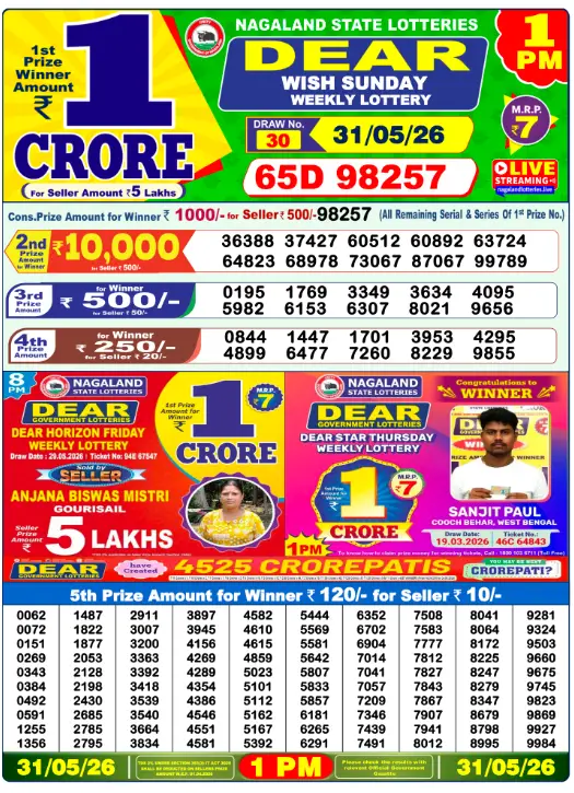 Dear Lottery Sambad 1PM Result Today Live Update-31-may-2026-winner-list