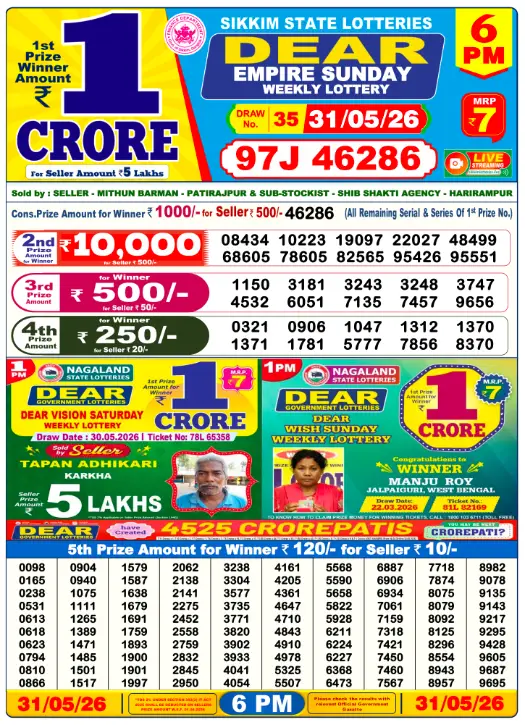 dear lottery sambad 6 pm 31-may-2026-winner-list Live Update