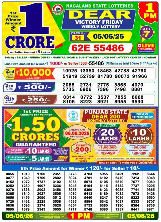 Dear Lottery Sambad-1-pm-5-june-2026 Winner List